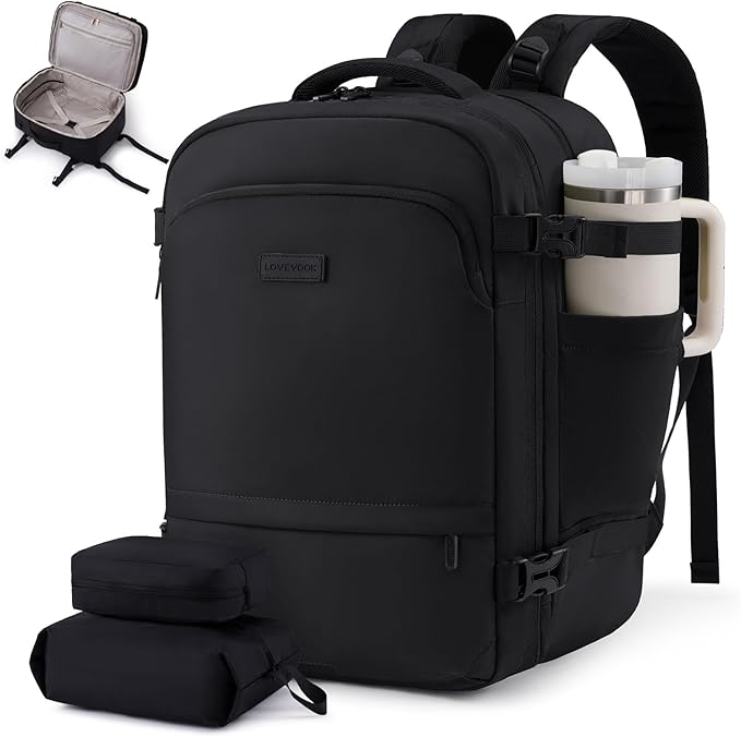 LOVEVOOK Travel Backpack for Women & Men, Carry On Backpack with Cup Holder, Personal Item Travel Bag Flight Approved with Padded Laptop Compartment, Weekender Daypack With 2 Cubes, 18 Inch Black