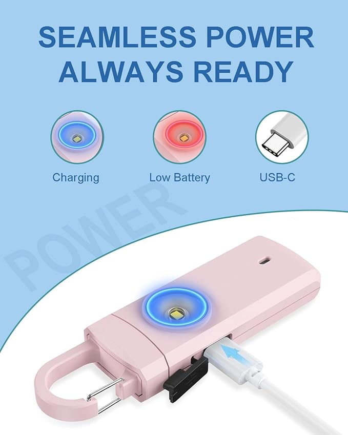Rechargeable Personal Safety Alarm for Women, Loud Siren Birdie Sound, Strobe SOS LED Light, USB Charging, Be Safe with Personal Alarm Self Defense Keychain for Wife, Daughter, Student (PINK)