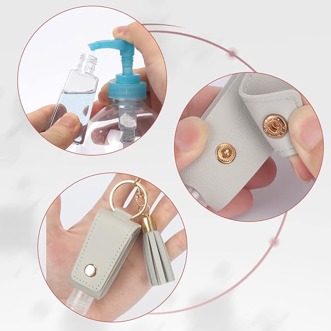 Unaone 1oz/30ml Hand Sanitizer Holder Travel Size,Empty Bottles Leather Sanitizer Holder with Keychain Portable Small Squeeze Bottle Refillable Container for Toiletry Lotion Liquid Soap Shampoo Grey