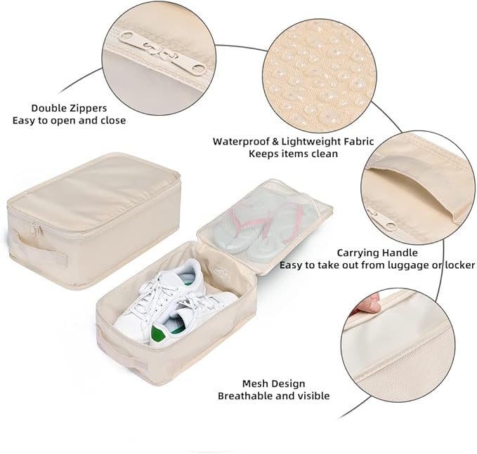 Travel Shoe Bags, Foldable Waterproof Shoe Pouches Organizer-Double Layer (8 Cream Shoe Bags)
