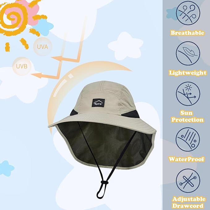 Outdoor Kids Sun Hat with Neck Flap UPF 50+ Quick Dry Beach Hats for Baby Boys Girls Age 2-12 Years Adjustable