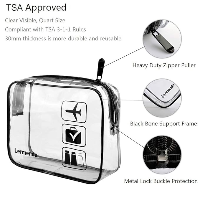 Lermende 2pcs Clear Toiletry Bag TSA Approved Travel Bag,Carry On for Travel,Airport Airline Accessories Compliant Bag,Quart Sized Makeup Cosmetic bag Women Men (Black, 2 Pack)