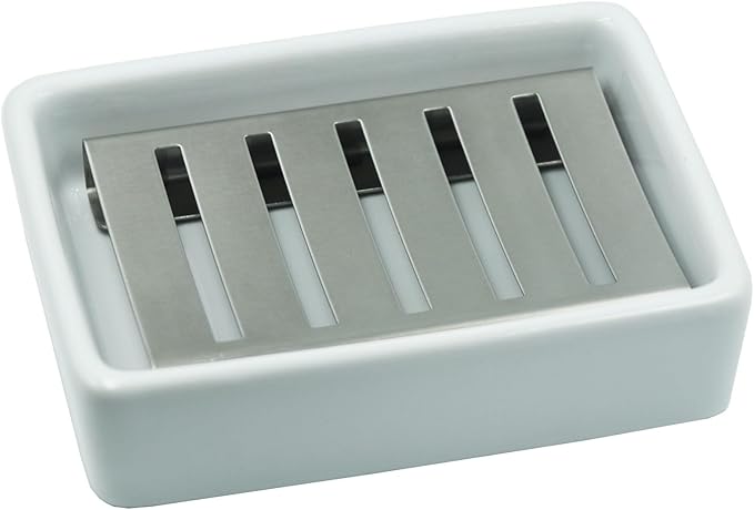 Ceramic Soap Dish, 4.92 Inch Rectangle Soap Holder with Stainless Steel Draining Layer, for Shower,Bathroom,Kitchen Sink Organizer