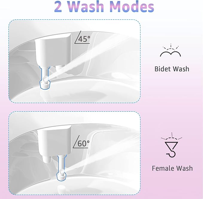 Aünsffer Toilet Bidet Attachment for Toilet, No-Electric Fresh Cold Water with Dual Nozzles Sprayer, 3 Wash Modes (Feminine/Bidet Wash + Self-Cleaning)，Fits Standard Toilet Bowl, Blue Pink