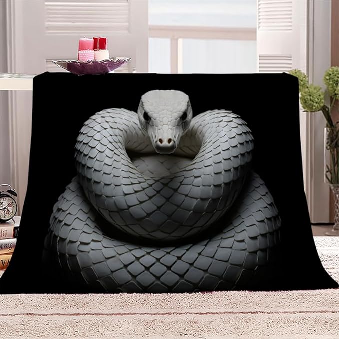 Snake Throw Blanket, Fleece Blanket for Couch Bed Sofa, 3D Coiled Snake Blankets and Throws, White Reptile Super Soft Cozy Plush Flannel Blanket, 50 x 70 in, Animal Black