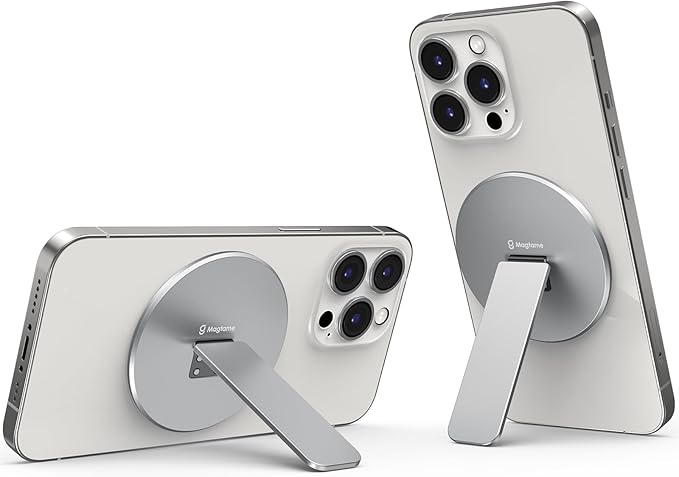 Magtame Magnetic Phone Stand Grip for Magsafe, Utral-Thin Snap-on Phone Kickstand, Holder & Grip, Foldable & Adjustable for Hands-Free Viewing | Compatible with Phone 16 15 14 13 12 Pro,Silver