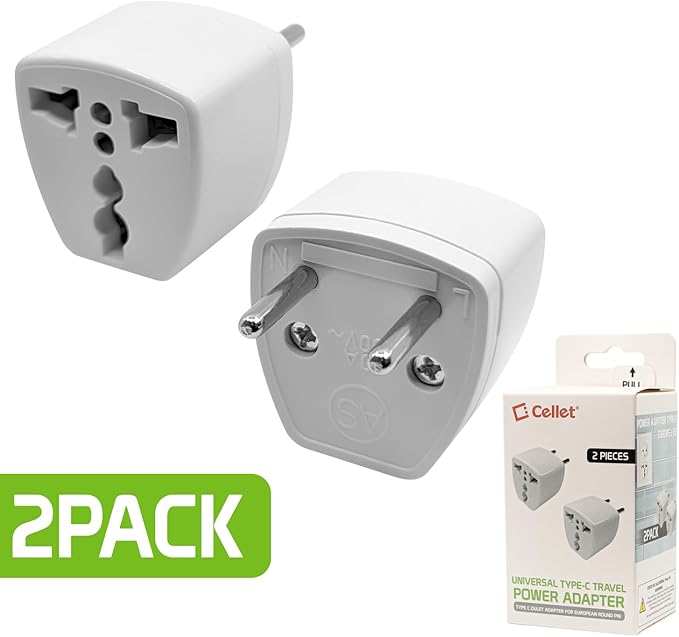 Cellet Universal Travel Adapter: Seamless Plug Conversion for International Travelers AC Wall Power Adapter to Convert, Europe & Asia to US Plug (2PACK) (Type-C (Europe & Asia))