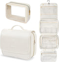 PACKISM Hanging Travel Bag for Traveling with Clear Makeup Bag - Soft Leather Waterproof Travel Toiletry Bag for Full-Sized Toiletries and TSA Approved Toiletry Bag, Off White (L)