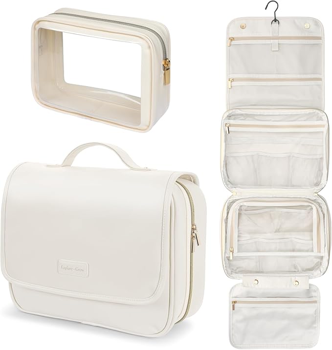 PACKISM Hanging Travel Bag for Traveling with Clear Makeup Bag - Soft Leather Waterproof Travel Toiletry Bag for Full-Sized Toiletries and TSA Approved Toiletry Bag, Off White (L)