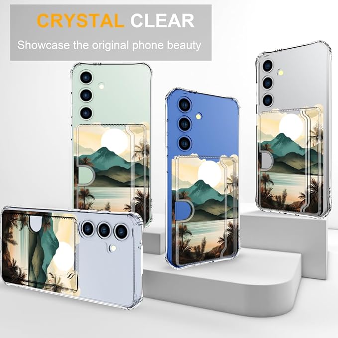 Compatible with Samsung Galaxy S24+ Plus / S25+ Plus Case Card Holder for Women Cute Design,Wallet Phone Cases Transparent Cool Kawaii Protective (Clear Ocean Sun Mountains Sunset)