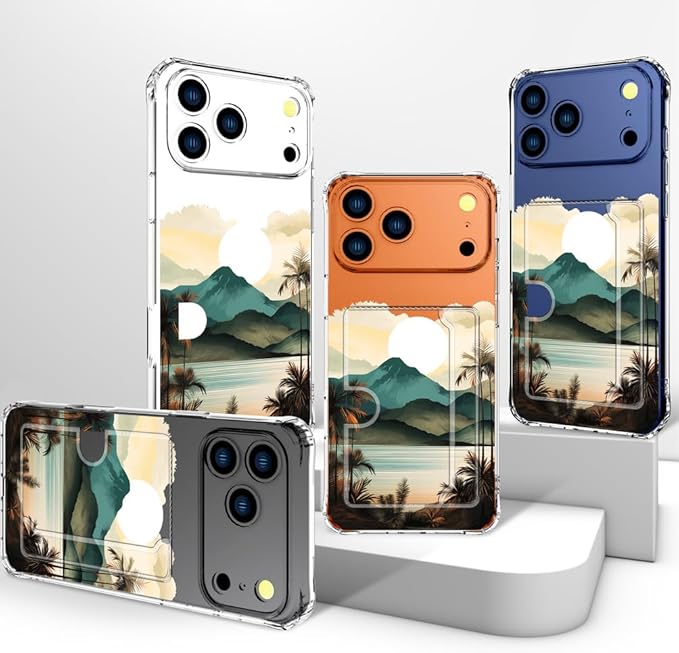 Compatible with iPhone 17 Pro Case Card Holder for Women Cute Design,Wallet Phone Cases Transparent Cool Kawaii Protective (Clear Ocean Sun Mountains Sunset)