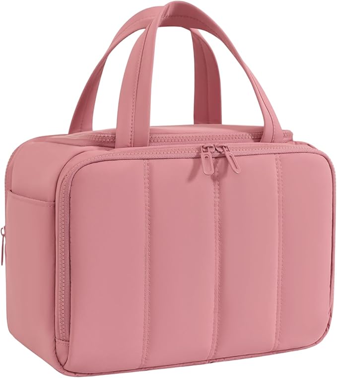 Travel Toiletry Bag for Women,Large Makeup Bag Organizer,Puffy Cosmetic Bag with Wet Dry Separation,Waterproof Toiletries Bag with Trolley Sleeve,Dark Pink