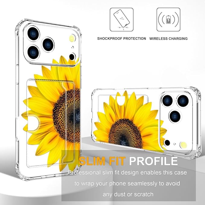 Compatible with iPhone 17 Pro Max Case Card Holder for Women Cute Design,Wallet Phone Cases Transparent Cool Kawaii Protective (Clear Sunflower Sun Flower)