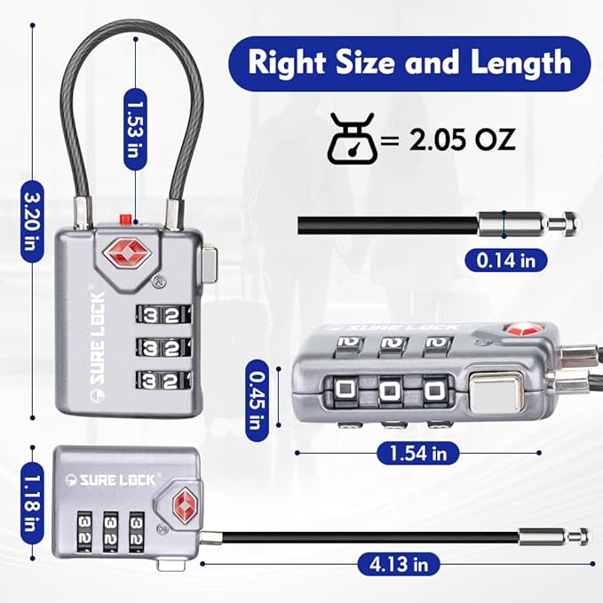SURE LOCK TSA Approved Combination Luggage Locks with Open Alert Indicator – Durable Zinc Alloy Cable Travel Locks with Large Easy-Read Dials for Suitcases, Backpacks & Gym Bags(Grey 4 Pack)