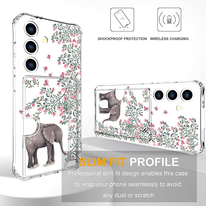 Compatible with Samsung Galaxy S24+ Plus / S25+ Plus Case Card Holder for Women Cute Design,Wallet Phone Cases Transparent Cool Kawaii Protective (Clear Elephant Flowers)