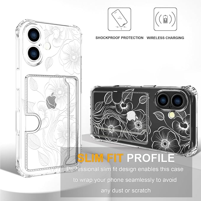 Compatible with iPhone 16 Case Card Holder for Women Cute Design,Wallet Phone Cases Transparent Cool Kawaii Protective (Clear Seamless Abstract Flower)