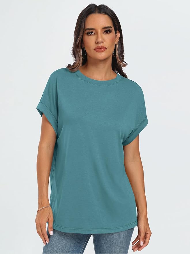 AUTOMET Women's Oversized Short Sleeve T Shirts Casual Drop Shoulder Rolled Cuff Summer Tops for Work, Travel and Lounge