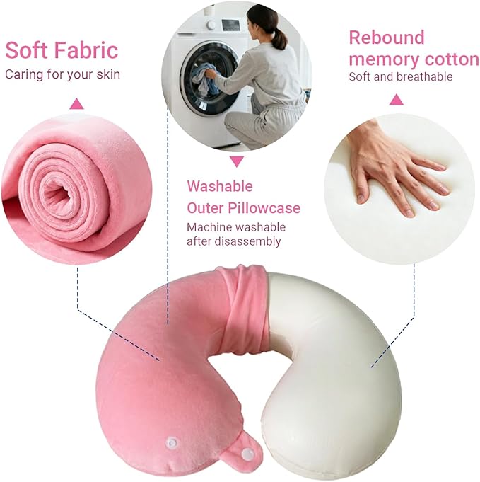 Travel Pillow with Removable Large Hood, Memory Foam Neck Pillow for Airplane, Car, Train Travel Sleeping & Rest, with Soft Cover (Pink)
