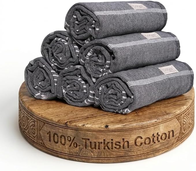 Goqan Turkish Beach Towels Oversized 6 Pack 39x71, Large Beach Blankets, 100% Cotton Sand Free, Quick Dry Towel Set, Pool Essentials for Family on Airplane, Travel, Beach Bag, Lightweight -Black