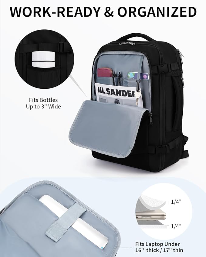 ECOHUB Carry On Travel Backpack, Expandable Airlines Personal Item Bag 18x14x8, Water Resistant 17 inch Laptop Backpack Flight Approved, 12 Pockets 30L Work Backpacks with Wet Pocket & Cable Slot