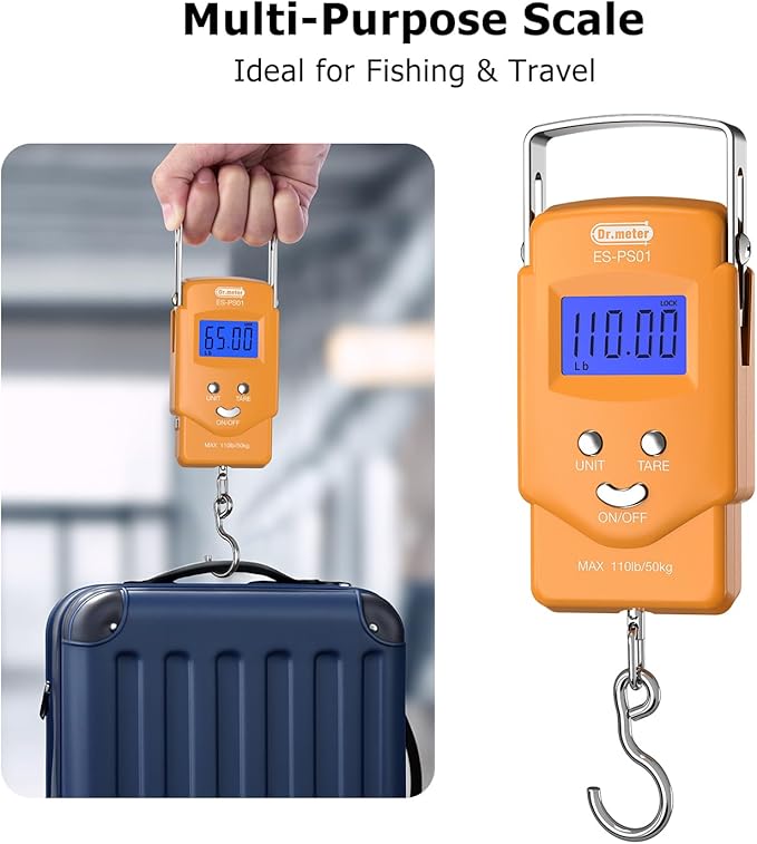 Dr.meter Fish Scale Luggage Scale Fishing Gear - 110lb Backlit LCD Display Digital Scale with Built-in Measuring Tape - Fishing Scale with 2 AAA Batteries, Pocket Size - Fishing Gifts for Men