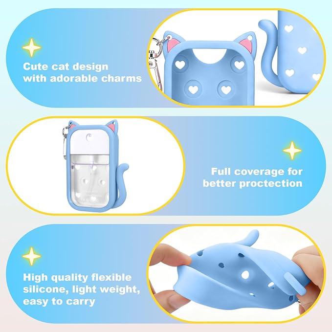 Juome Silicone Case for Touchland Hand Sanitizer Spray with Keychain & Charms, Cat Protective Holder Compatible with Touchland Power Mist & Glow Mist 1 FL Oz/30ML,Travel Cover Sleeve Accessory (Blue)
