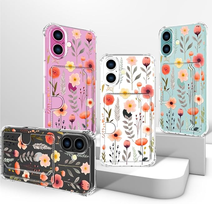 Compatible with iPhone 16 Plus Case Card Holder for Women Cute Design,Wallet Phone Cases Transparent Cool Kawaii Protective (Clear Flowers Leaves)
