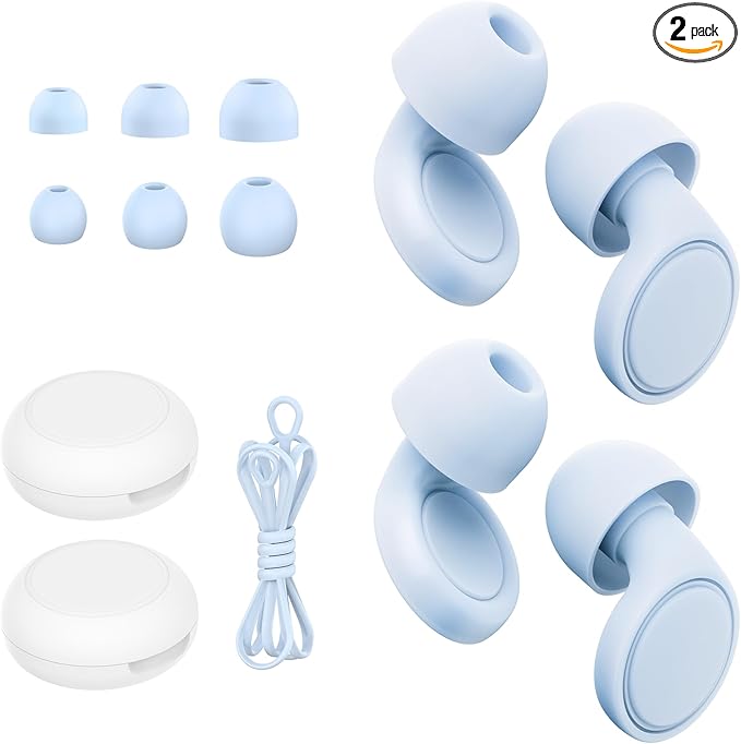 Jayine 2 Pairs Ear Plugs for Sleeping, Soft Full Silicone Ear Plugs for Noise Reduction 25dB, Reusable Hearing Protection Earplugs for Concert, Focus, Travel, 8 Ear Tips in S/M/L - Blue
