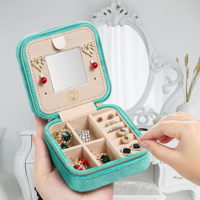 ZPROW Plush Velvet Travel Jewelry Case, Travel Jewelry Organizer, Jewelry Travel Case, Travel Jewelry Box, Small Jewelry Case, Jewelry Travel Box, Earring Organizer with Mirror - CyanBlue