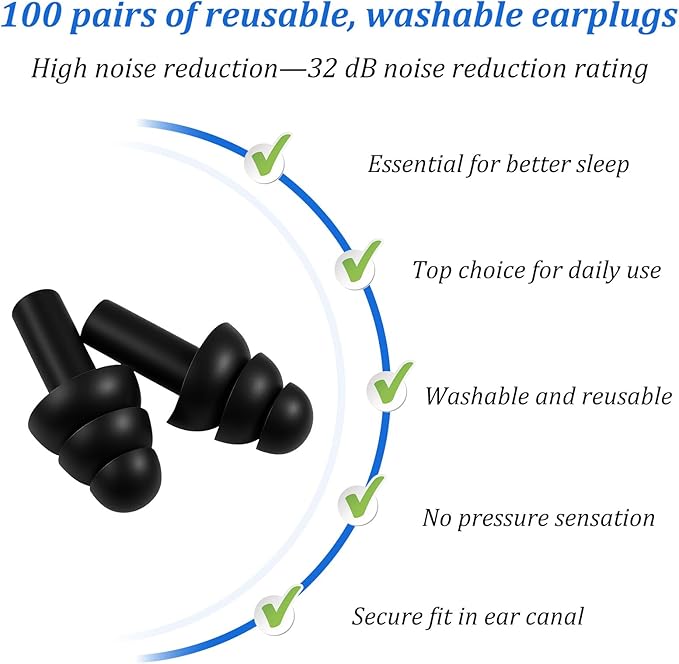 200 Pair Silicone Earplugs, Reusable Ear Plugs for Sleeping Noise Cancelling, Waterproof Bulk Soft Ear Plugs for Shooting, Swimming, Concerts Black