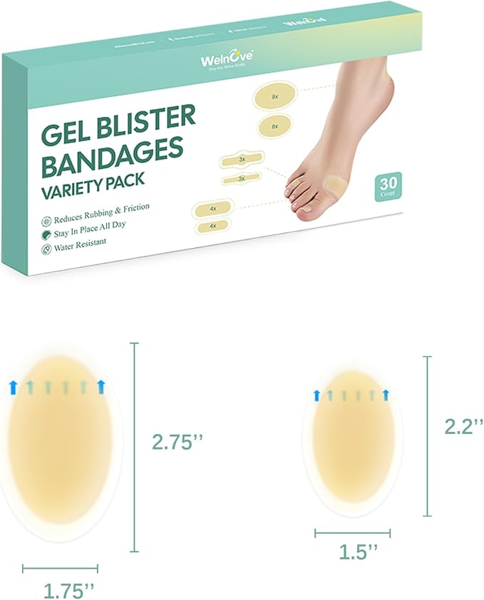 Welnove Gel Blister Bandages for Feet - 30ct Blister Cushion for Heel, Toe - Water-Resistant Hydrocolloid Bandages - Blister Pads for Prevention & Recovery (Heel Pack)