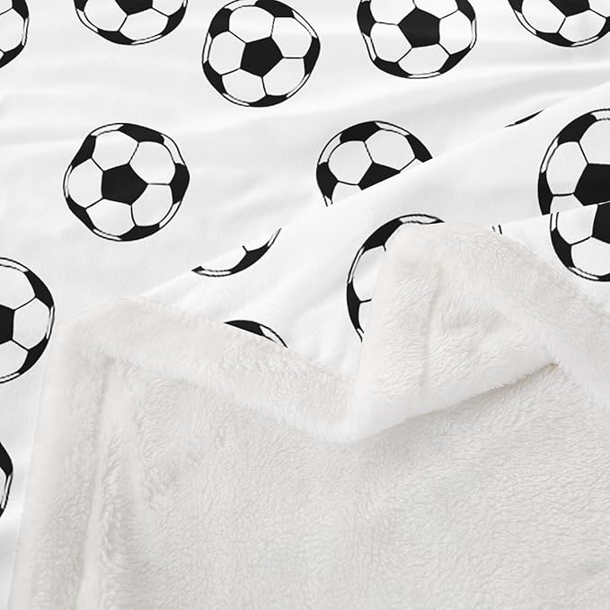 Soccer Kids Throw Blanket,Ball Sports Games Competition Bed Blanket for Girls Boys Adults,American Football Cartoon Fleece Blanket,Black White Unique Fuzzy Blanket,Queen Size (90 x 90 Inches)