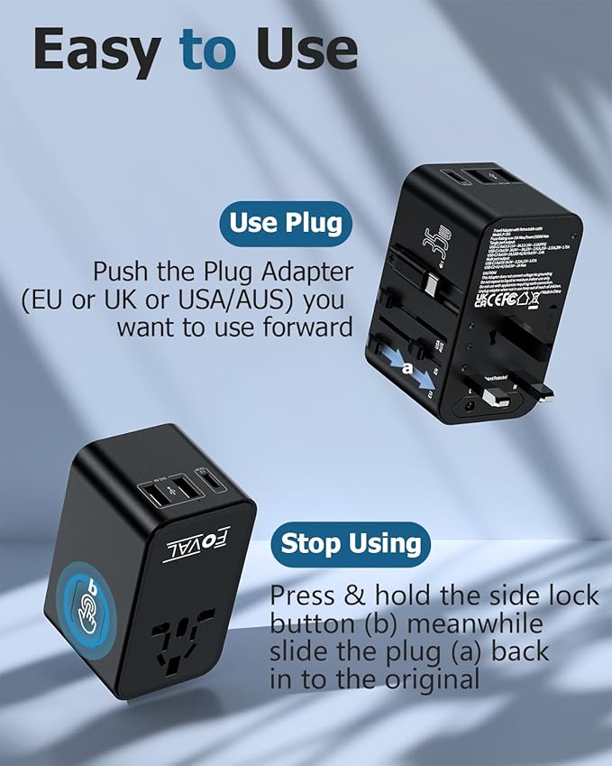 FOVAL European Travel Plug Adapter, Universal Travel Adapter with Retractable USB C Cable, All-in-one International Power Adapter for Europe Italy UK US AUS (35W)
