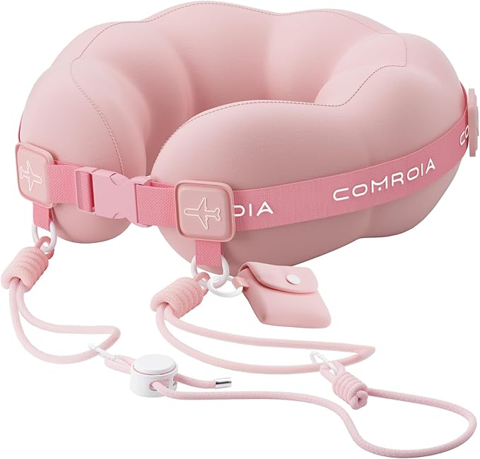 Travel Neck Pillow for Airplane Sleeping – 360° Head Support Prevents Bobbing, 100% Memory Foam Ergonomic Neck Cushion with No-Case-Needed Carry Strap for Long Flights & Car – Washable Cover (Pink)