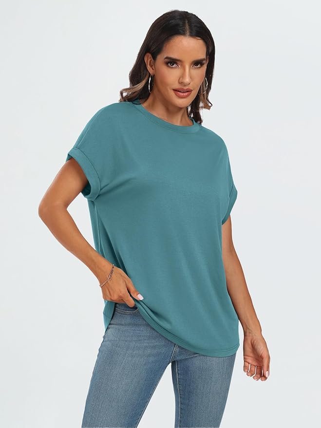 AUTOMET Women's Oversized Short Sleeve T Shirts Casual Drop Shoulder Rolled Cuff Summer Tops for Work, Travel and Lounge