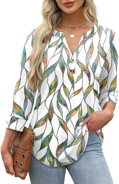 OFEEFAN Womens Tops 3/4 Sleeve Henley Shirts for Women Summer Outfits Fashion Clothing