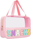 BuyCard Chenille Letter Patch Clear Travel Bags, Preppy PVC&Nylon Makeup Bag with Handle and Zipper, Waterproof Large Clear Travel Toiletry Bag Storage Bag for Women Girls