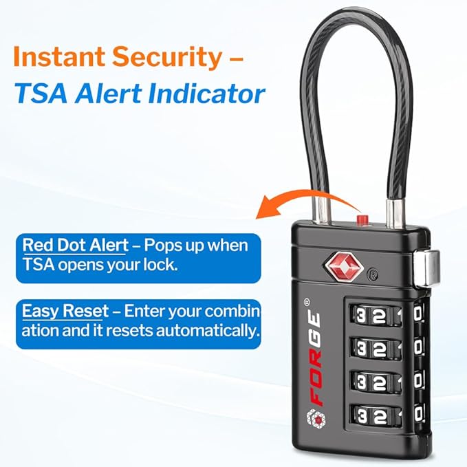 Forge TSA Approved Luggage Locks 4 Digit Combination TSA Travel Locks with TSA008, Open Alert Indicator, Zinc Alloy Body for Luggage, Suitcase, Backpack, and More. 1 Black Lock.