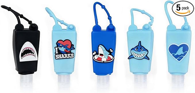 5-Pack Cartoon Kids Hand Sanitizer Holder, 30ml Travel Size Refillable Bottles with Silicone Case, Leak-Proof Portable Containers for Lotion & Liquid Soap (Sharky Splash)