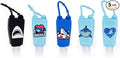 5-Pack Cartoon Kids Hand Sanitizer Holder, 30ml Travel Size Refillable Bottles with Silicone Case, Leak-Proof Portable Containers for Lotion & Liquid Soap (Sharky Splash)