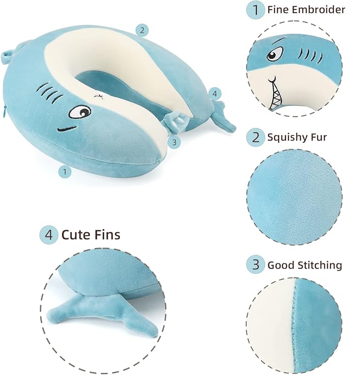 Niuniu Daddy Kids Travel Pillow for Airplane Road Trip Car Seat, Neck Chin Supporting, Stop Head from Falling Forward, Memory Foam with Cute Shark Animal Cover, Gift for Boy Girl - Shark Travel Pillow
