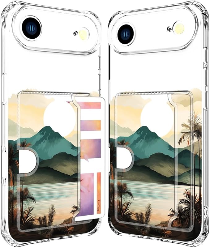 Compatible with iPhone 17 Air Case Card Holder for Women Cute Design,Wallet Phone Cases Transparent Cool Kawaii Protective (Clear Ocean Sun Mountains Sunset)