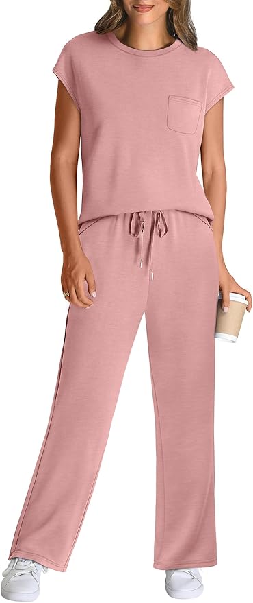 WIHOLL 2 Piece Sets for Women Casual Summer Travel Vacation Outfits Cap Sleeve Lounge Set