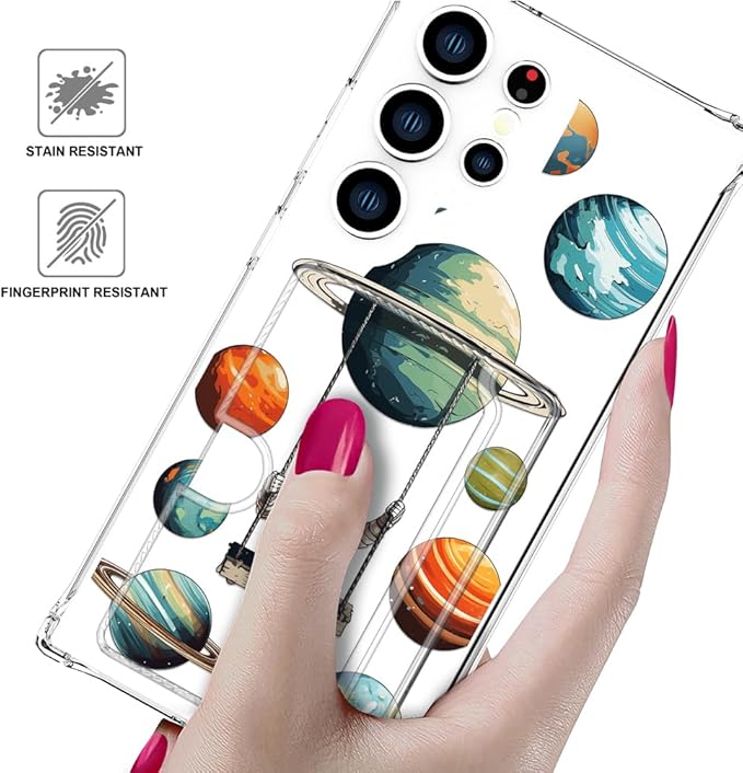 Compatible with Samsung Galaxy S24 Ultra Case Card Holder for Women Cute Design,Wallet Phone Cases Transparent Cool Kawaii Protective (Clear Astronaut Space Planets)