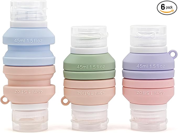 Silicone Travel Bottles for Toiletries, 3 Pack Collapsible Travel Size Containers Dual-ended Bottles for Women, Refillable & Leak Proof Empty Silicone Squeeze Bottle for Shampoo & Body Wash, 1.5oz x 6