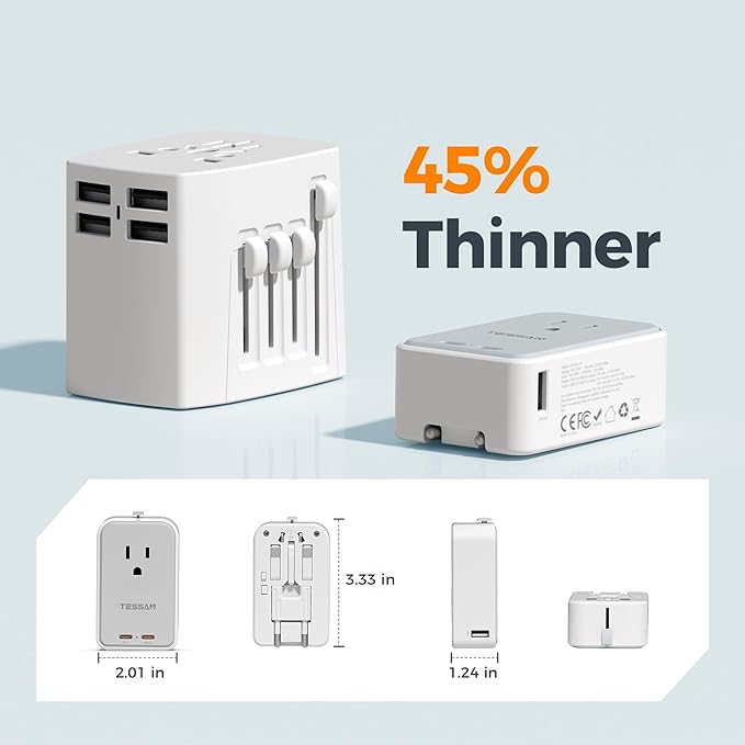TESSAN Universal Travel Adapter PD 45W, Ultra Thin International Power Adapter Fast Charger, Worldwide Plug Adaptor with 2 USB C 2 USB A to European UK Italy Spain New Zealand (Type C G A I), 1 Pack