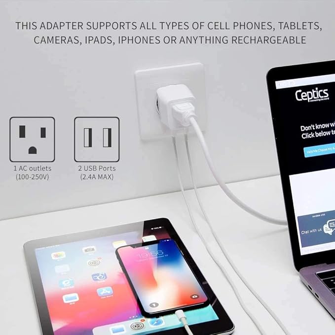 Ceptics India Travel Plug Set - with 2 USB + USA Socket Input - Type C and Type D- Ultra Compact - Safe Grounded Perfect for Cell Phones, Laptops, Camera Chargers