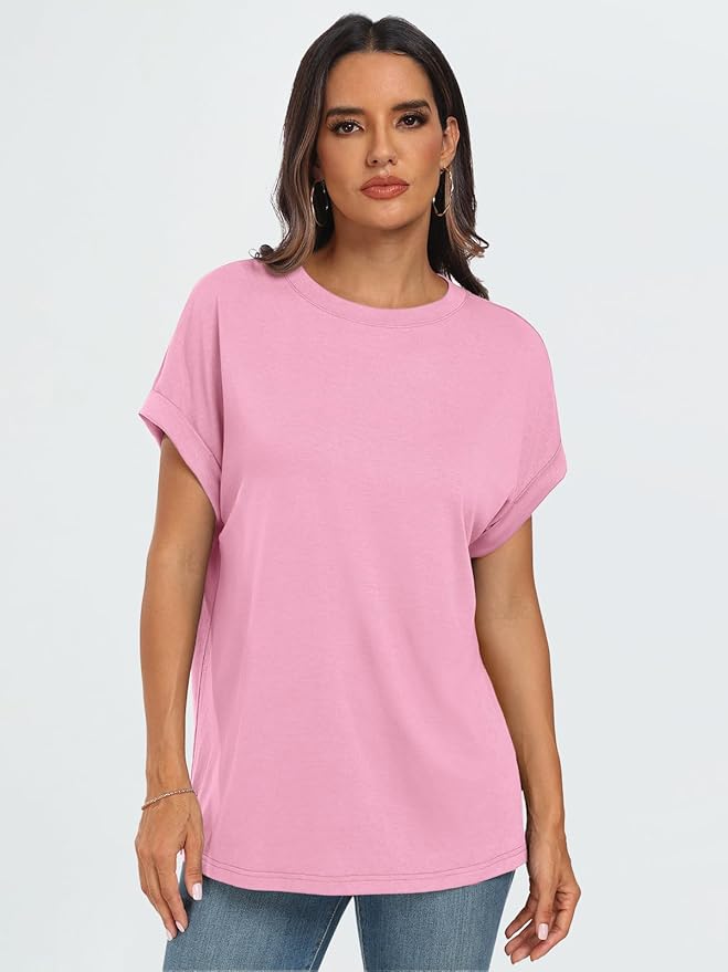 AUTOMET Women's Oversized Short Sleeve T Shirts Casual Drop Shoulder Rolled Cuff Summer Tops for Work, Travel and Lounge