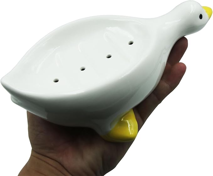 Duck Ceramic Soap Dish with Drain, 7.87 Inch Cute Duck Shaped Soap Tray, Sponge Holder, for Shower,Bathroom,Bar,Kitchen