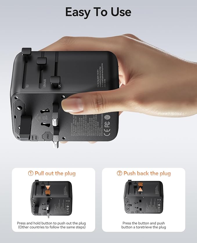 ORICO 100W Universal Travel Adapter with 2 AC Outlets and 3 USB-C and 2 USB-A Ports, Built-in Retractable USB-C Cable, Type A, C, G, I Outlets, International Travel Adapter for Global Travel